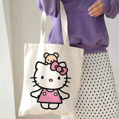 Hello Kitty Canvas Tote Bag Harajuku Y2k 90s Cartoon Girl Handbag Large Capacity Female Shoulder Bags Portable Travel Purse Gift