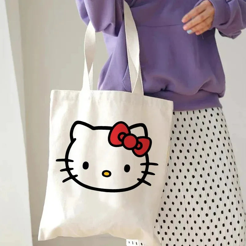 Hello Kitty Canvas Tote Bag Harajuku Y2k 90s Cartoon Girl Handbag Large Capacity Female Shoulder Bags Portable Travel Purse Gift