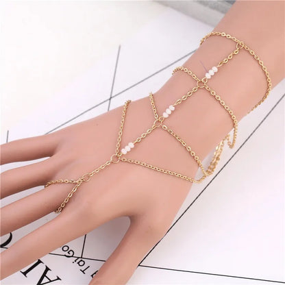 New Fashion Chain Link Ring Full Rhinestone Vintage Flower Double Finger  For Women Girl Party Jewelry Gift Accessories