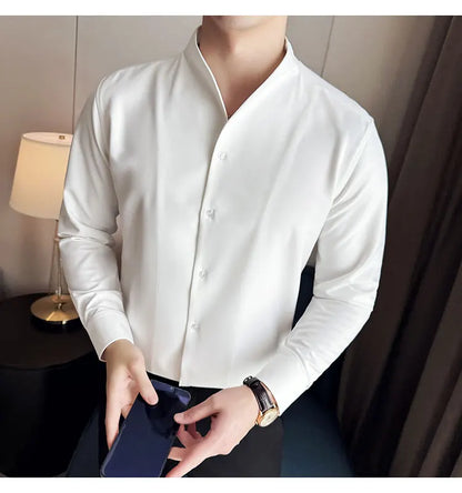 Brand Clothing Men's High Quality V-neck Long Sleeve Shirts Male Slim Fit Fashion Solid Color Office Dress Shirt 4XL-M