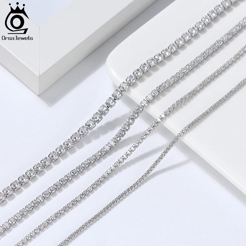 ORSA JEWELS 2mm 3mm 4mm 5mm Full Tennis Necklace Genuine 925 Sterling Silver 8A Clear CZ Cubic Zirconia Neck Chain Lobster Clasp