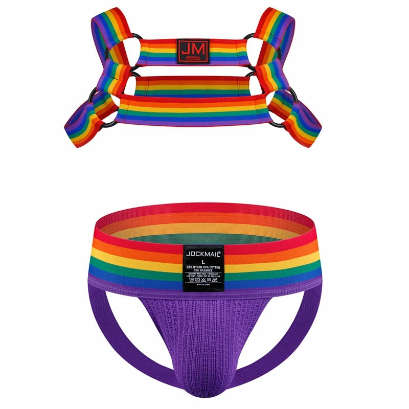 Sexy Mens Harness Underwear Sets Gay Underwear Lingerie Bondage Belts Fetish Mens Jockstrap Thong Rainbow Pattern