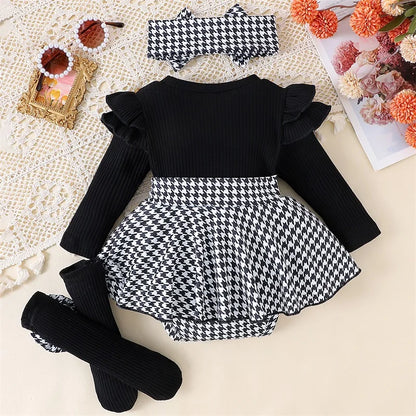 Toddler Infant Baby Girl Spring Outfits Long Sleeve Houndstooth Print Romper Dress with Headband and Long Socks