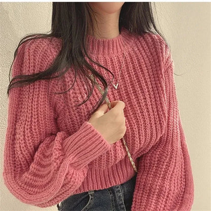 Loose Vintage Harajuku Lantern Long Sleeve Women Sweater Korean Autumn Winter Knitwear Soft Warm Tops Chic Solid Femme Sweater