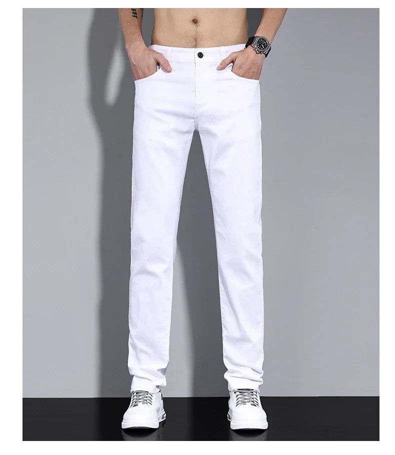 2024 New Men's Pure White Slim Casual Pants Brand Clothing Stretch Straight Gentleman's Suit Long Trousers Classic Style Male