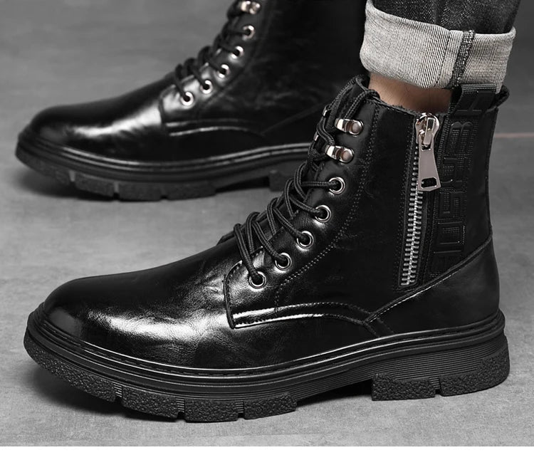 Martin Boots Men's Autumn High Assist Grab Pattern Soft Casual Zipper Leather Boots Lace up Black Workwear Motorcycle Short Boot