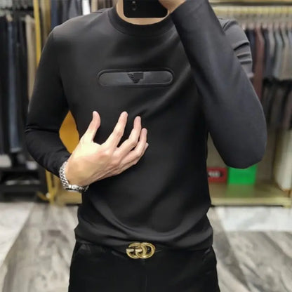 Men Clothing Autumn Winter Korean Fashion Business Casual Comfortable Basic T-shirt Black O Neck Long Sleeve Slim Pullover Tops