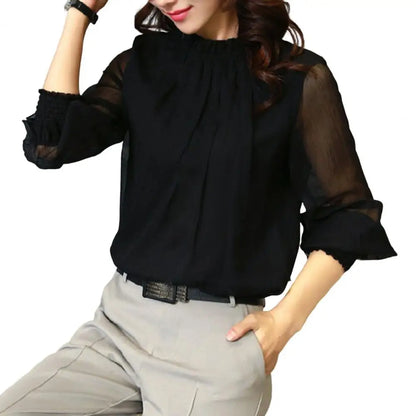 Chiffon Shirt Perspective Net Mesh Sleeve Elastic Cuffs Women Shirt Elegant Ruffle Collar Solid Color