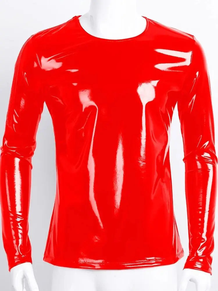 S-7XL Shiny Faux PU Leather Long Sleeve T Shirt Men Wet Look PVC Hot Shapers Tights Shapewear Tshirt Sexy Tee Shirts Tops Body