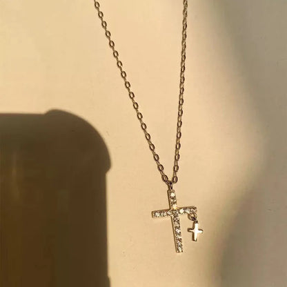 Classic 925 Sterling Silver Cross Necklace Shiny Cross Small Pendant Charm Clavicle Chain Ladies Fine Jewelry