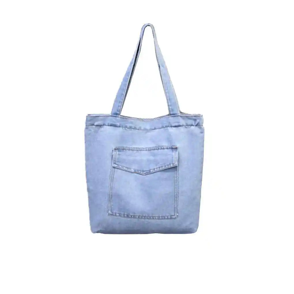 Fashion Women Large Capacity Shoulder Bags Wild Casual Handbag Street Canvas Denim Shoulder Bag Solid Color Zipper Shopping Bag