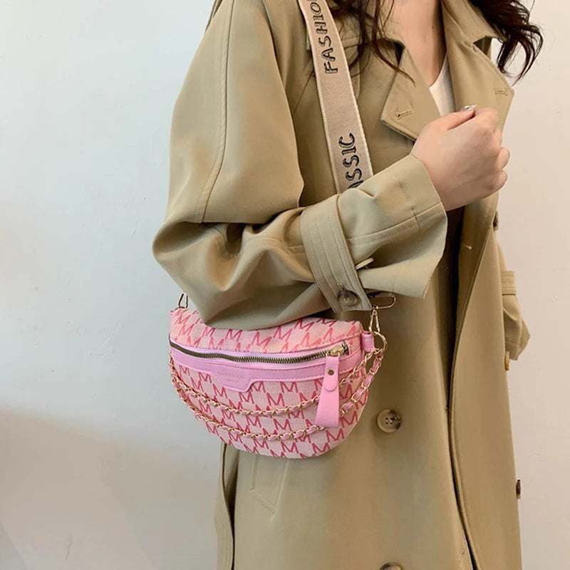 Fashion Pattern Fanny Packs For Women Stylish Letter Printed Chain Waist Bag Female Waist Pack Wide Strap Crossbody Bag -ll