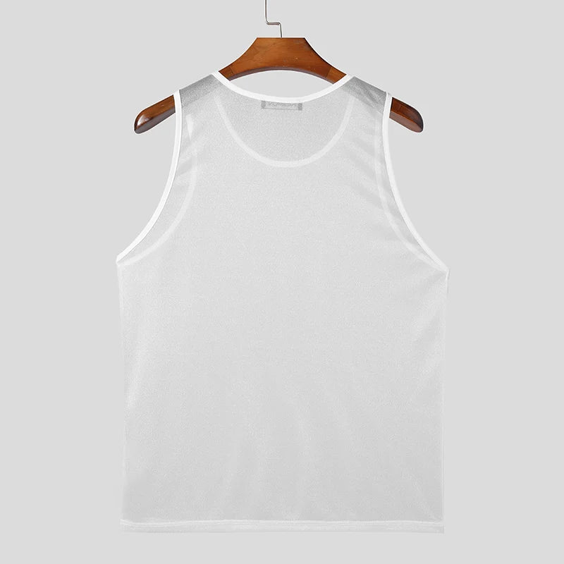 Men Tank Tops Solid O-neck Sleeve Mesh Transparent Sexy Vests Streetwear 2023 Fashion Party Casual Men Clothing S-5XL INCERUN