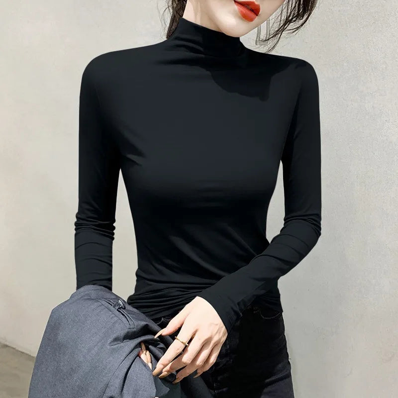 Black Turtleneck T-shirt Long Sleeve Tops Women Y2k Clothes Autumn Winter Korean Fashion Modal Elegant T-shirts for Women 2024