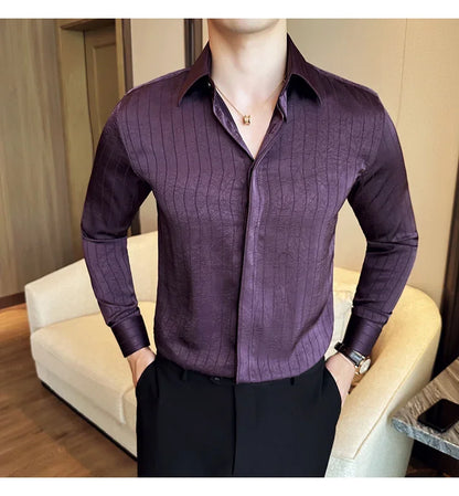 Luxury Korean Pleated Stripe Shirts For Men's High Quality Long Sleeve Slim Fit Casual Shirt Formal Social Party Tuxedo 4XL-M