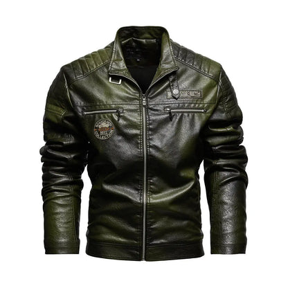 Green Leather Jacket Men Winter Fleece Motorcycle PU Bomber Leahter Jacket Male Stand Collar Casual Ropa De Hombre Slim Coat