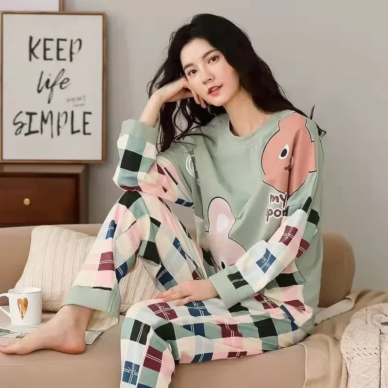 Women's pajamas spring and autumn long-sleeved autumn and winter home clothes plus size simple loose suit outerwear