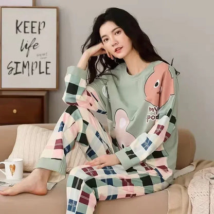 Women's pajamas spring and autumn long-sleeved autumn and winter home clothes plus size simple loose suit outerwear