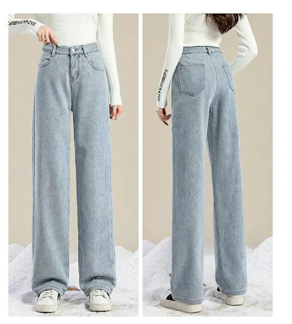 Charcoal Grey Fleece-Lined High-Waisted Versatile Bell Bottoms Jeans Women's Autumn/Winter Thickened Straight-Leg Loose-Fit Warm