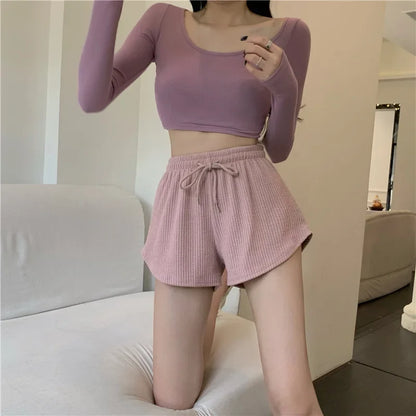 Women Shorts Summer High Elastic Lace Up Drawstring Wide Leg Sweat Short Fitness Running Shorts Loose Casual Large Sports Pants