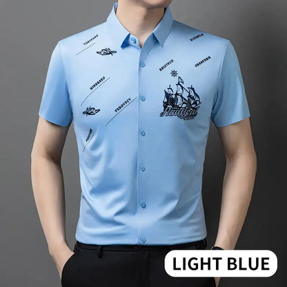 Men's Business Short Sleeves Button Down Shirt Printed High Elastic And Non Ironing Shirt High Level Business Casual Shirt