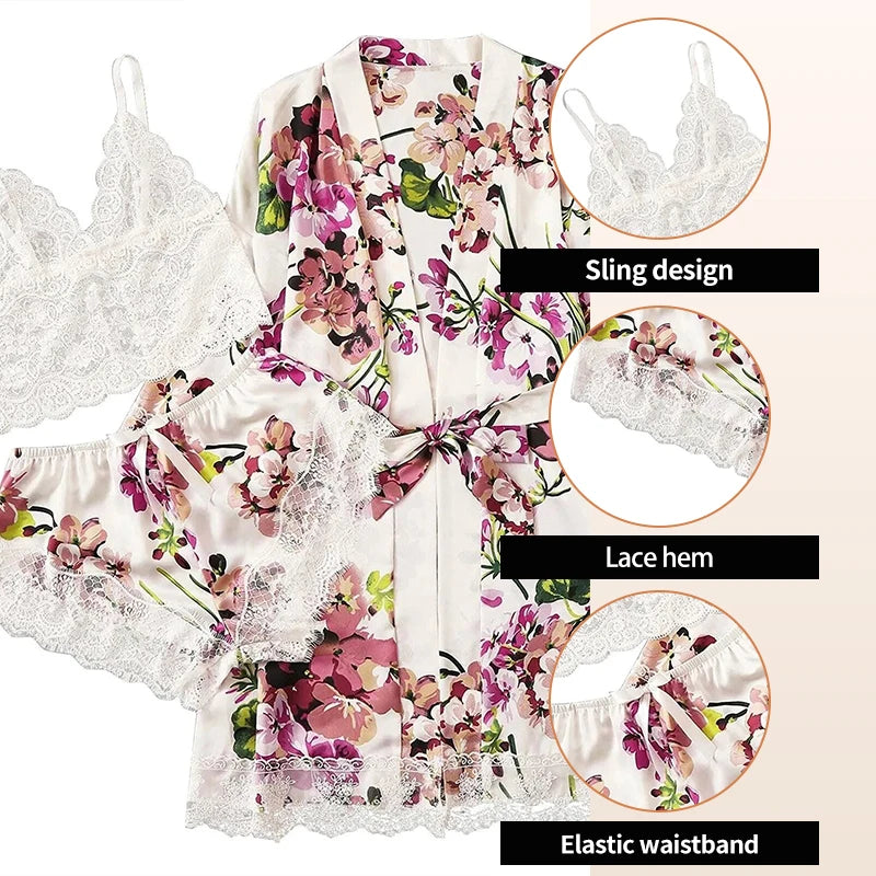 Women's Sexy Fashion Plus Size White Flower Print Three Piece Lace Strap Plus Shorts And Gown Pajama Set