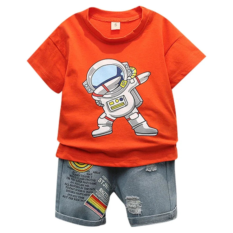 Baby clothes summer children's cartoon short sleeved set boys aged 0-5 solid color T-shirt denim shorts two-piece casual sportsw