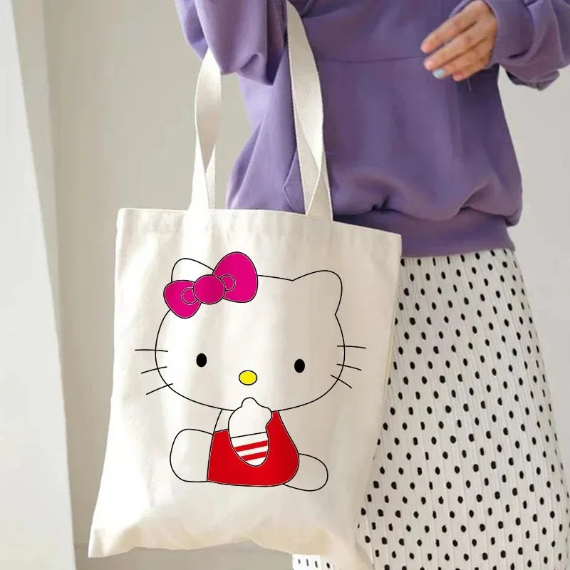 Hello Kitty Canvas Tote Bag Harajuku Y2k 90s Cartoon Girl Handbag Large Capacity Female Shoulder Bags Portable Travel Purse Gift