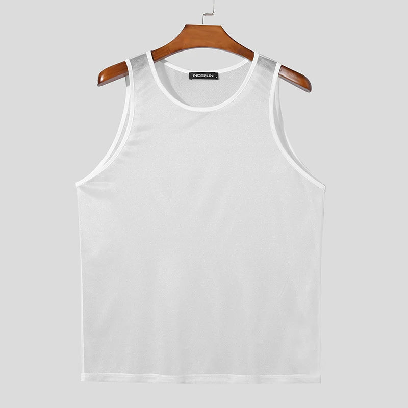 Men Tank Tops Solid O-neck Sleeve Mesh Transparent Sexy Vests Streetwear 2023 Fashion Party Casual Men Clothing S-5XL INCERUN