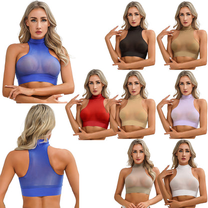 Womens Glossy Crop Tops Mock Neck Sleeveless Sheer See-Through Slim Fit Vest Tops for Swimwear Pool Party Clubwear Nightwear