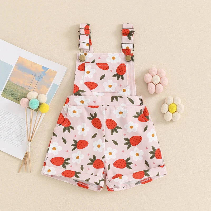 FOCUSNORM 4 Colors Lovely Kids Girls Overalls Shorts 0-6Y Sleeveless Straps Strawberry/Flower Print Denim Button Pocket Jumpsuit