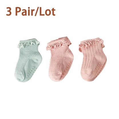 3/5Pair/Lot New Baby Children's Non-slip Autumn Winter Cotton Socks Solid Color Baby Foot Socks Girls Breathable Ruffled Socks