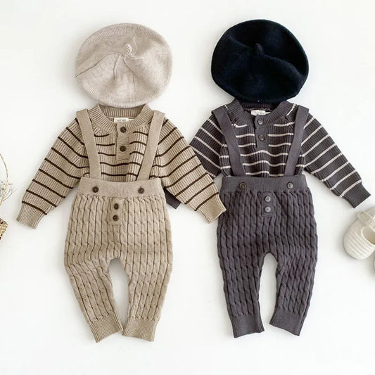 Autumn Spring Newborn Baby Boys Girls Clothing Suit Long Sleeved Striped Sweater+Strap Pants Infant Baby Knitting Clothes Set