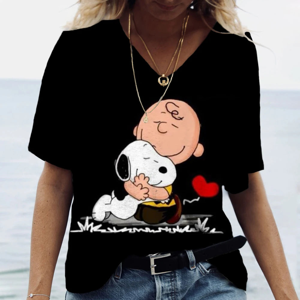 Women's T-shirts Disney Snoopy 3D print New V-neck Short Sleeve Summer Casual Women's Clothing Harajuku Y2K Hip Hop Clothe