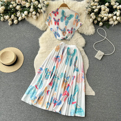 New Summer Runway Pleats Floral Print Two Piece Set Women Half High Collar Stretch Top+Elastic Waist Long Pleated Skirt Outfits