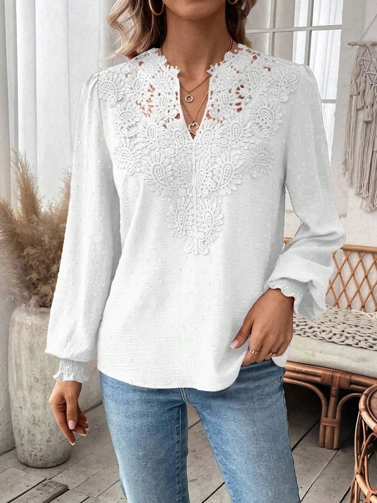 Women's Clothing 2024 Autumn Sexy V-neck Fashionable Lace Patchwork Polyester Solid Color Shirt Long Sleeved Shirt