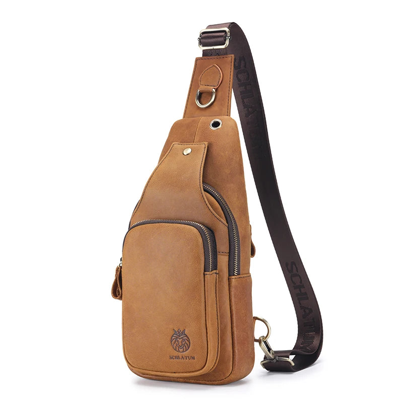 SCHLATUM Chest Bag 100%Genuine Leather Casual Triangle Crossbody Design Travel Shoulder Backpack Men Leather Multifunctional Bag