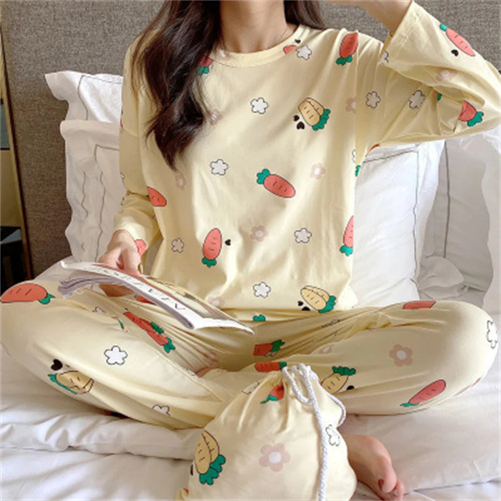 2PCS/Set Women's Clothes Spring and Fall Pajamas Long-Sleeved Cartoon Cute Sweet Floral Young Girl Homewear Outside Loungewear