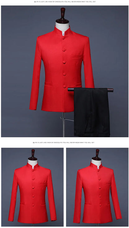 New Men Pure Colour Business Formal Wedding Banquet Suit 2 Piece Red / White Male Chinese Style Standing Collar Blazer Trousers