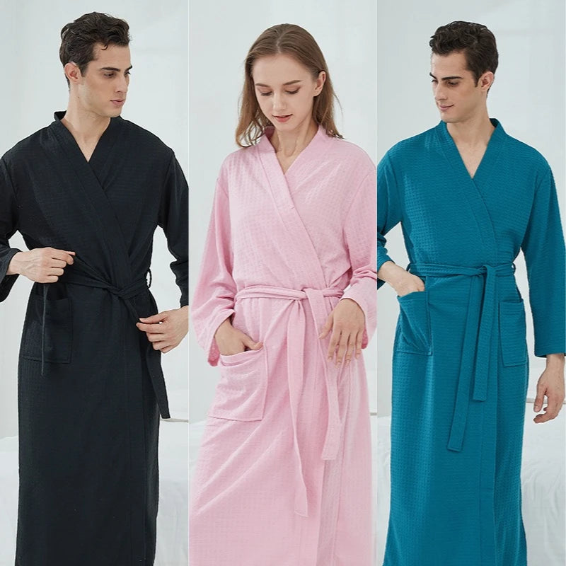 Waffle High-Quality Robe Large Size Long Men and Women Universal Residence Clothing Bathrobe Solid Black Plaid Couple Nightgowns