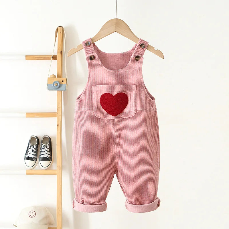 Spring 1-4Y Toddler Baby Boys Girls Solid Corduroy Suspander Overalls Heart Pattern Kids Playsuit Jumpsuit Clothes Romper