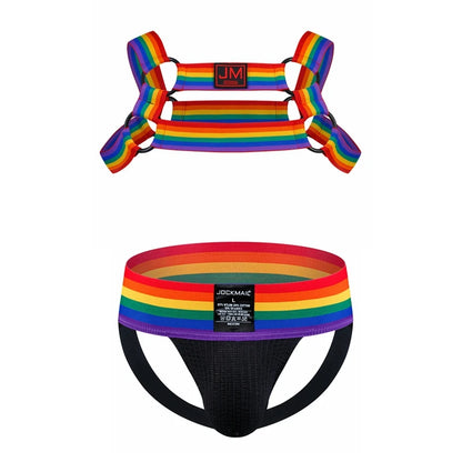 Sexy Mens Harness Underwear Sets Gay Underwear Lingerie Bondage Belts Fetish Mens Jockstrap Thong Rainbow Pattern