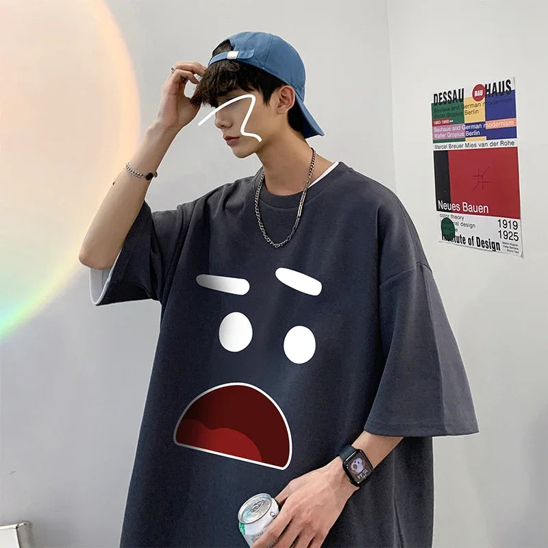 Men's Cotton Oversized T-shirts 5XL Mens T Shirt Casual Summer Wear Emote Fashion Print White Tee Shirts for Men Clothing