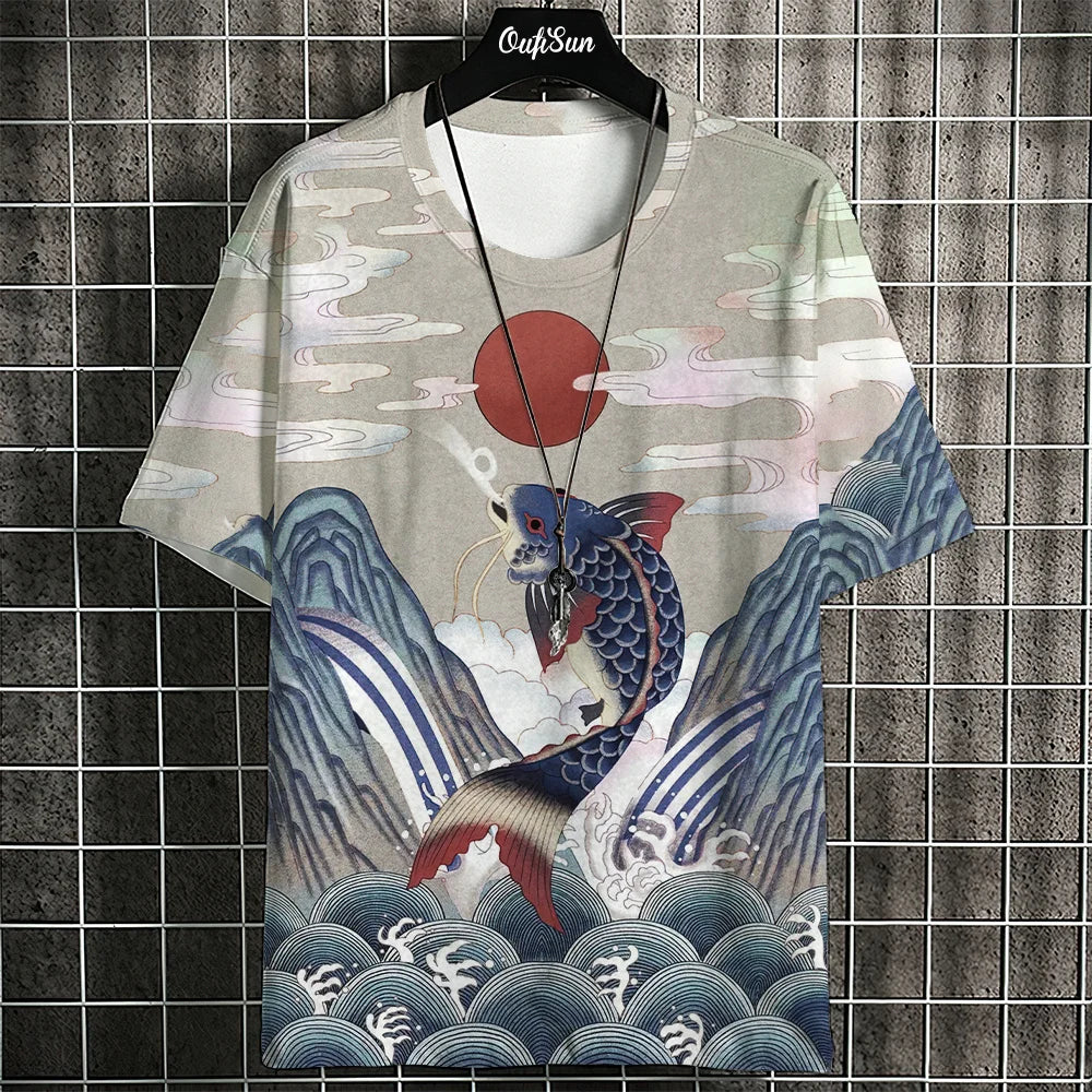 Ukiyo-E T-Shirt For Men Japanese Tshirts 3d Animal Fish Print Short Sleeve Tees Tops Casual Sweatshirt Men's Clothing S-4XL