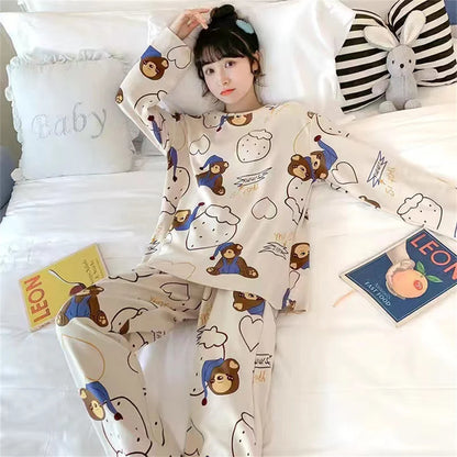 2PCS/Set Women's Clothes Spring and Fall Pajamas Long-Sleeved Cartoon Cute Sweet Floral Young Girl Homewear Outside Loungewear