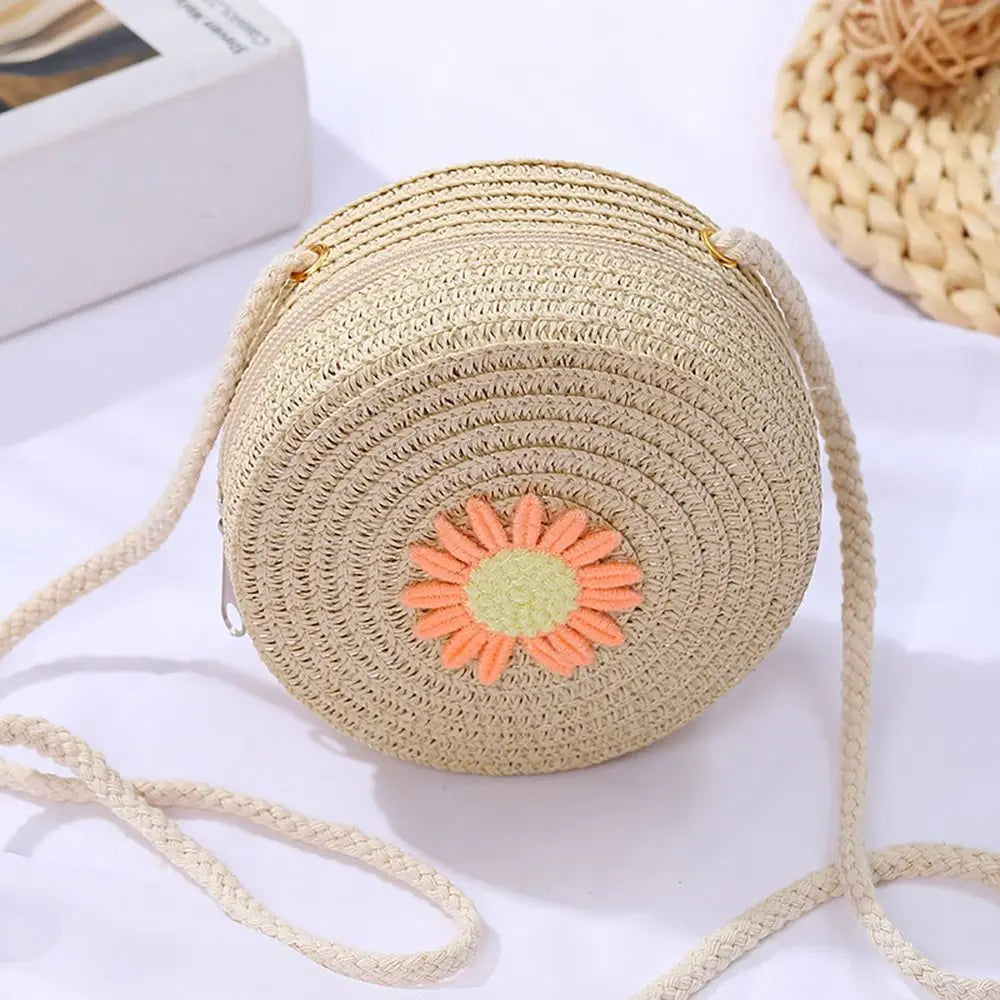 Round Straw Bag Women Woven Crossbody Beach Bag for Ladies Cute Rattan Handmade Knitted Shoulder Bag Candy Color Small Handbag