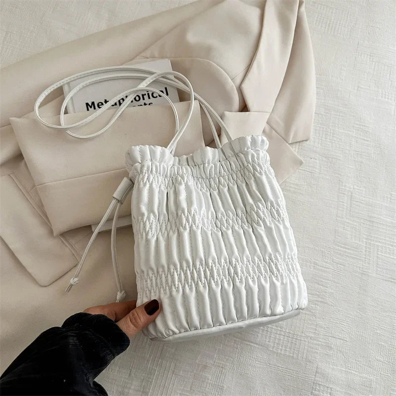 Silver Pleated Drawstring Shoulder Bucket Bags Women Designer Soft PU Leather Small Handbags Female Casual Purse Underarm Bag