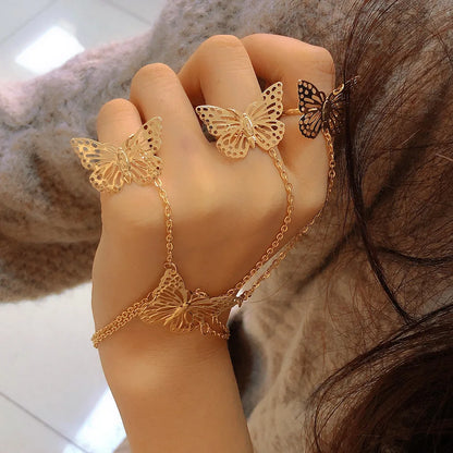 New Fashion Chain Link Ring Full Rhinestone Vintage Flower Double Finger  For Women Girl Party Jewelry Gift Accessories