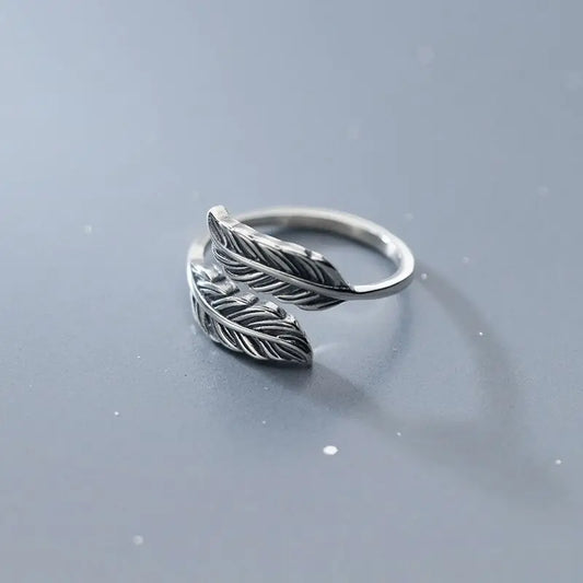 925 Sterling Silver Feather Adjustable Rings For Women Vintage Wedding Luxury Quality Jewelry Accessories With