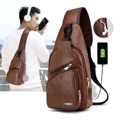 Simple and Fashionable Casual Solid Color PU Multifunctional USB Charging Zipper MEN'S Chest Bag Crossbody Bag for Commuting